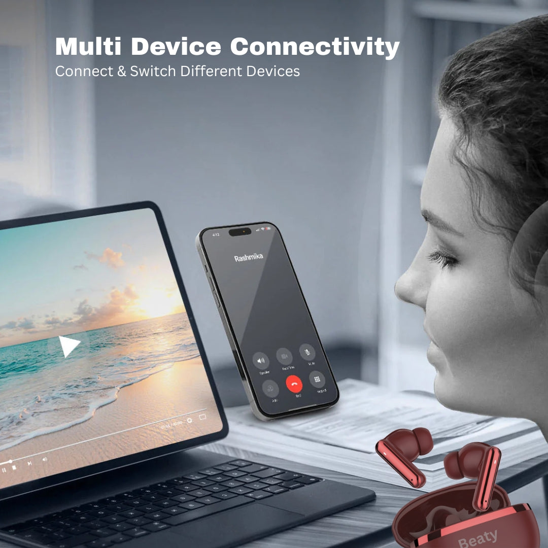 (Red) FreeVibe T9 Wireless Earbuds — Low-Latency Gaming, ANC, 60-Hour Battery, Clear Calling, Touch Control, IPX4 Water-Resistant