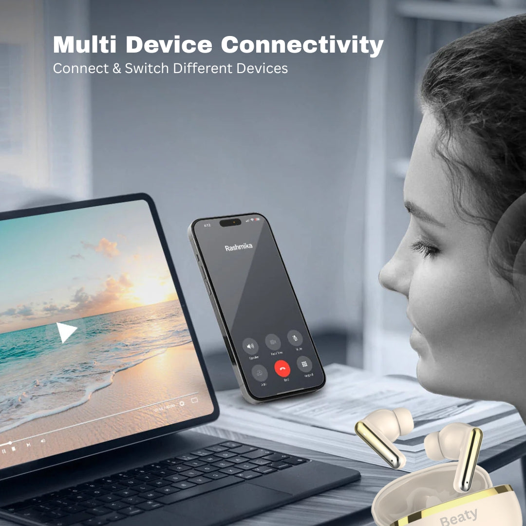 (Gold) FreeVibe T9 Wireless Earbuds — Low-Latency Gaming, ANC, 60-Hour Battery, Clear Calling, Touch Control, IPX4 Water-Resistant