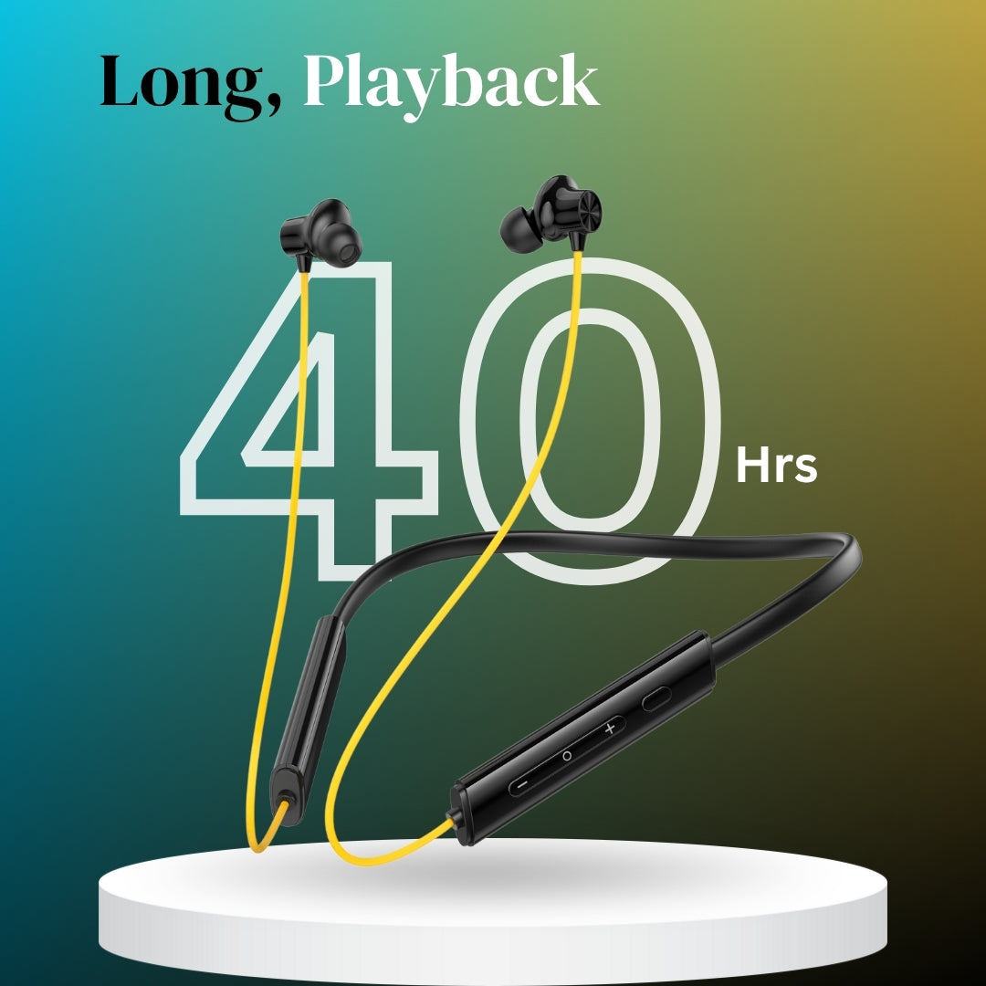 (Yellow) Pulse Wireless Neckband – 40+ Hours Battery, ENC, Magnetic Auto ON/OFF, IPX7 Waterproof & Boosted Bass Audio