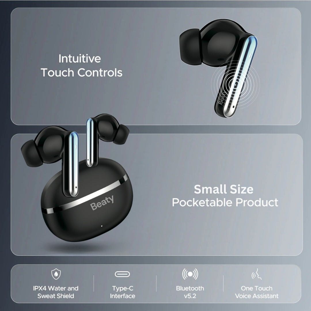 (Black) FreeVibe T9 Wireless Earbuds — Low-Latency Gaming, ANC, 60-Hour Battery, Clear Calling, Touch Control, IPX4 Water-Resistant