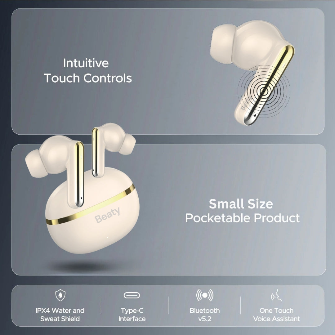 (Gold) FreeVibe T9 Wireless Earbuds — Low-Latency Gaming, ANC, 60-Hour Battery, Clear Calling, Touch Control, IPX4 Water-Resistant