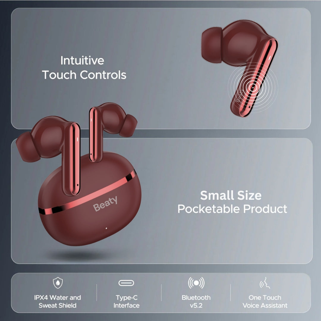 (Red) FreeVibe T9 Wireless Earbuds — Low-Latency Gaming, ANC, 60-Hour Battery, Clear Calling, Touch Control, IPX4 Water-Resistant