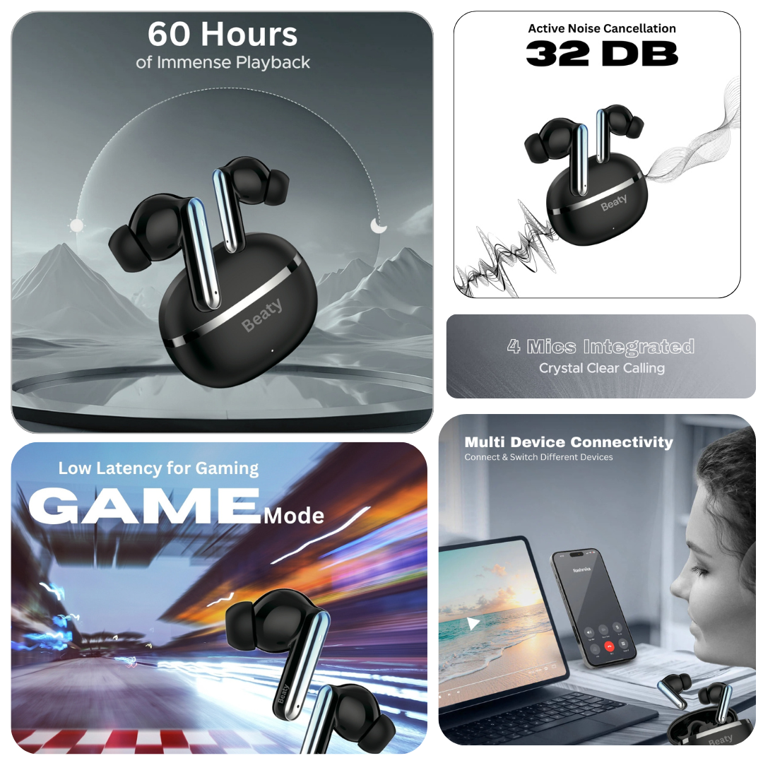 (Black) FreeVibe T9 Wireless Earbuds — Low-Latency Gaming, ANC, 60-Hour Battery, Clear Calling, Touch Control, IPX4 Water-Resistant