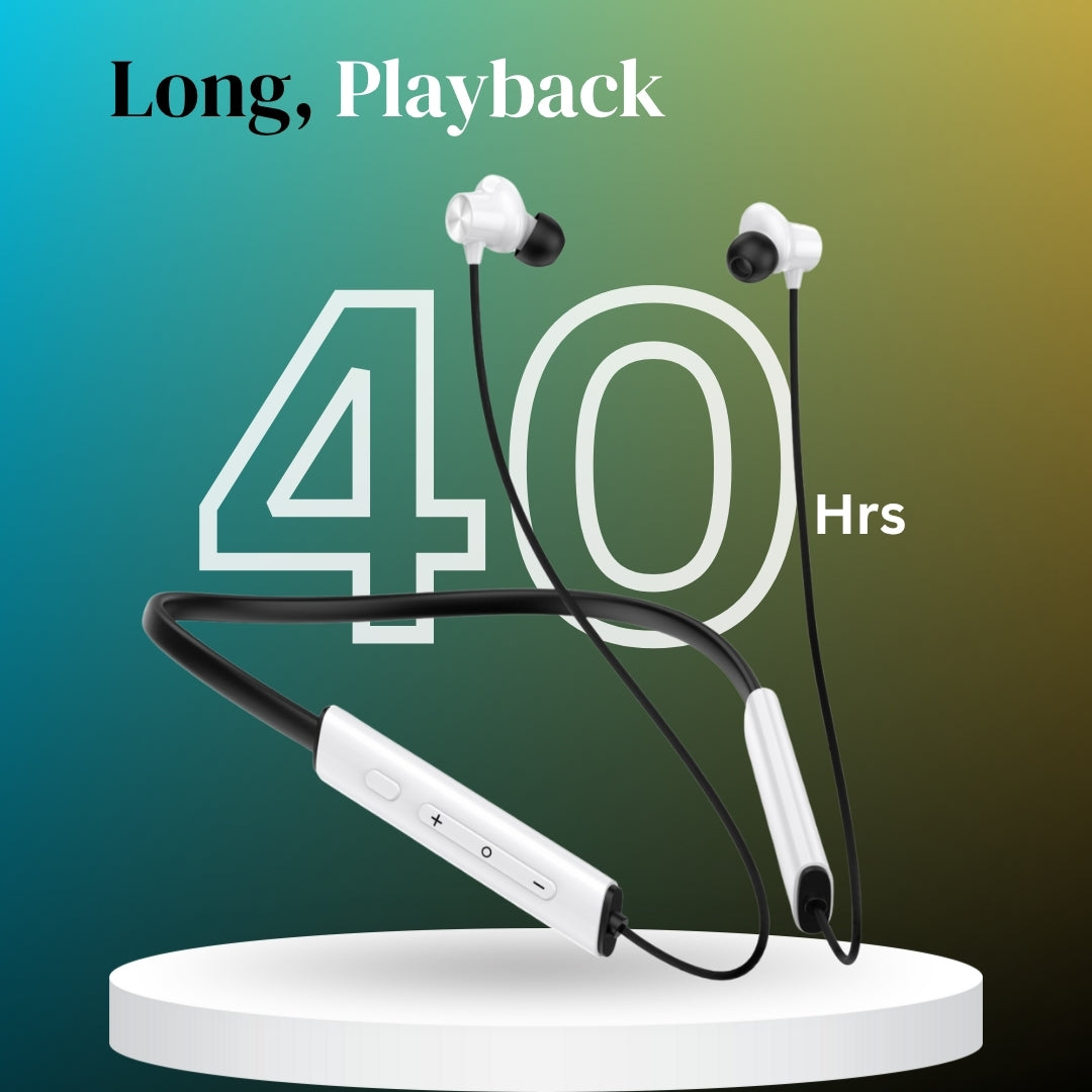 (White) Pulse Wireless Neckband – 40+ Hours Battery, ENC, Magnetic Auto ON/OFF, IPX7 Waterproof & Boosted Bass Audio